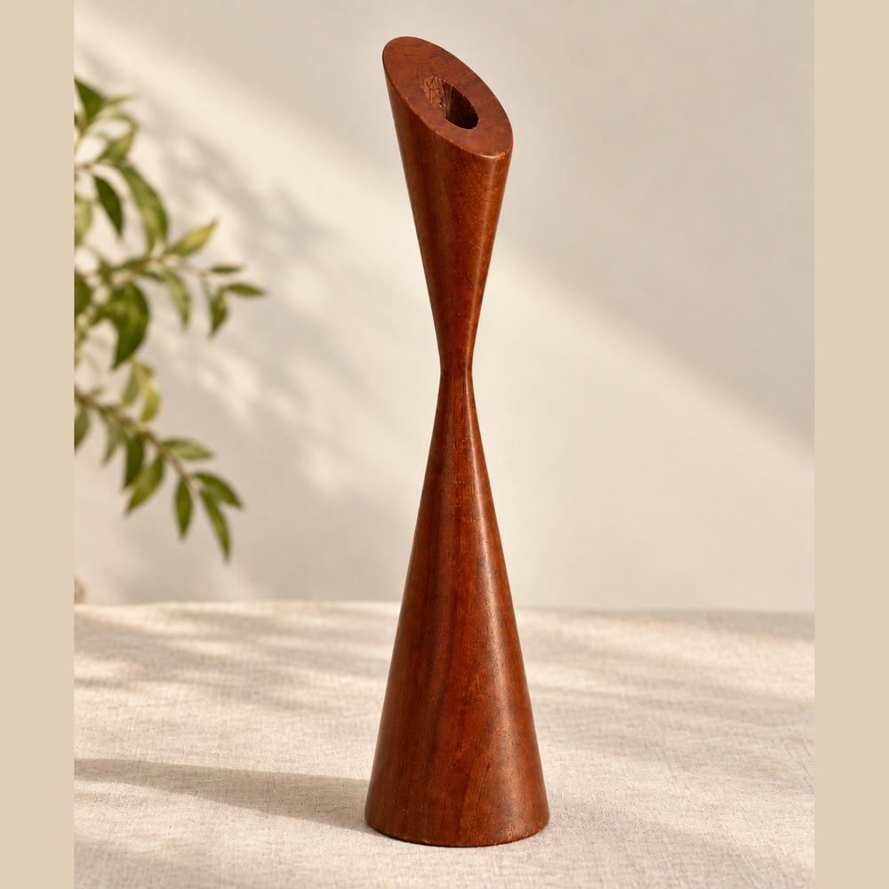 Vintage Mid Century Modern Wood Sculptural Hourglass Taper Candlestick MCM 12"